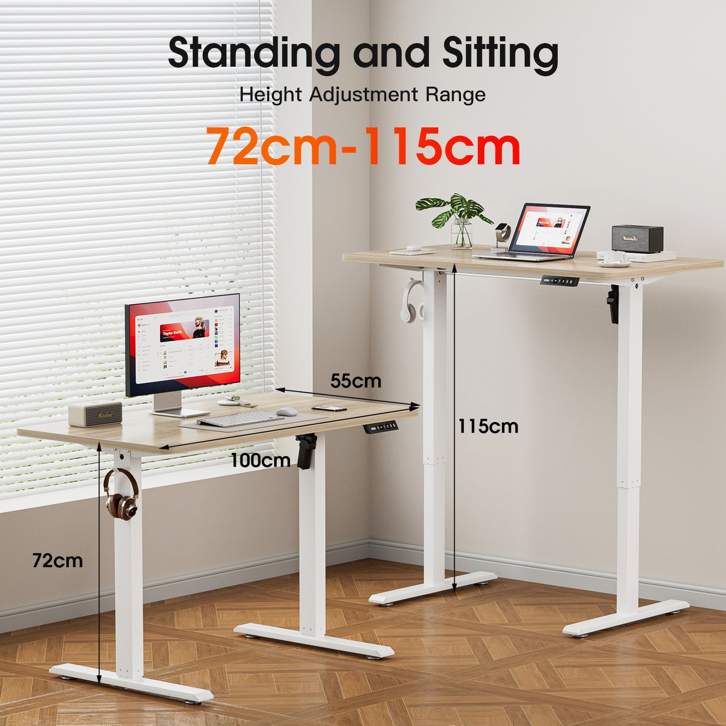 ApexSpace 100x55CM Electric Standing Desk, Height Adjustable Ergonomic Computer Desk with Hooks for Home Office or Study, Oak Colour