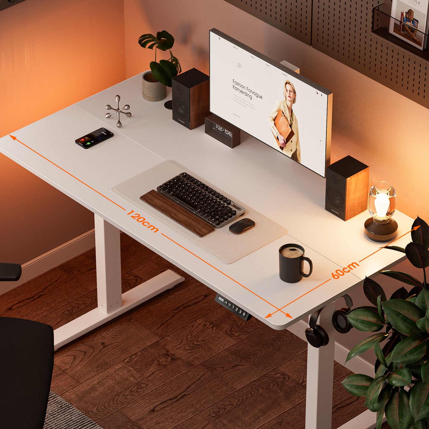 ApexSpace 120x60CM Electric Standing Desk, Height Adjustable Ergonomic Work Desk with Hooks for Home Office or Study, White