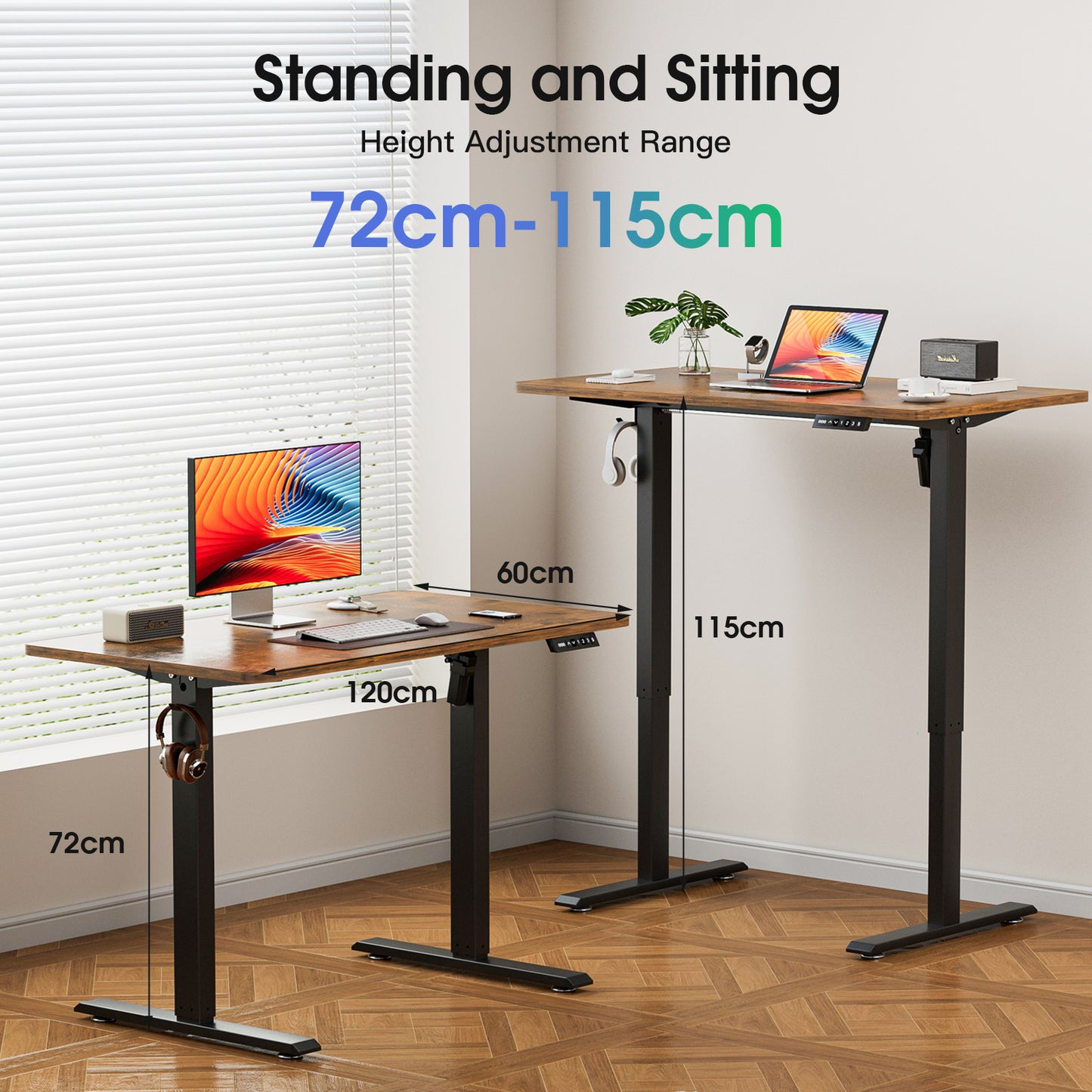 ApexSpace 120x60CM Electric Standing Desk, Sit Stand Ergonomic Desk with Hooks for Home Office, Rustic Brown with Black Frame