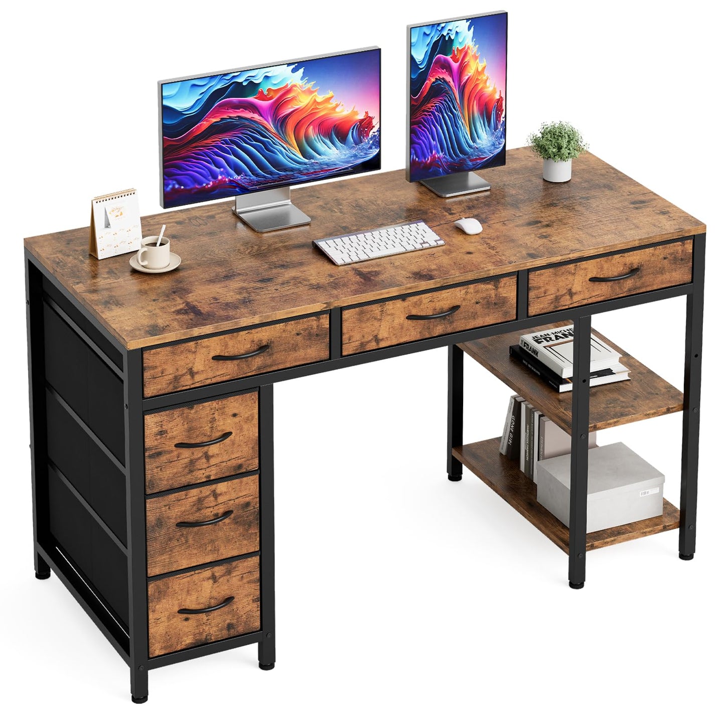 ApexSpace Computer Desk with Drawers and Shelves – Reversible Storage Table for Home Office, Study or Gaming, Rustic Brown