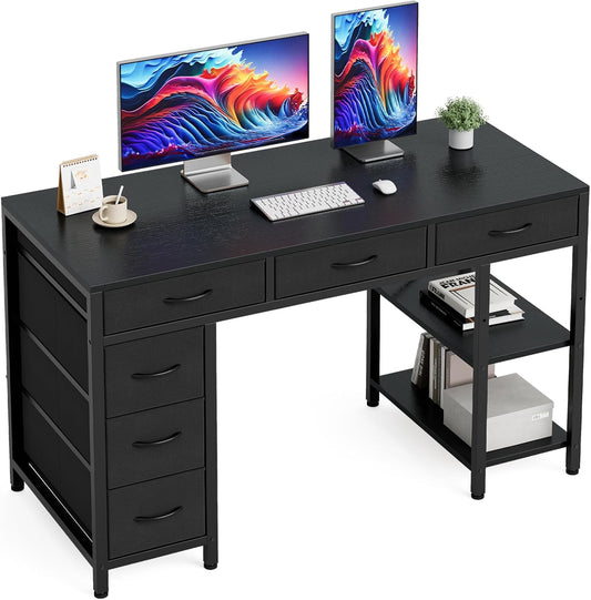 ApexSpace Computer Desk with 6 Drawers Reversible Storage 2-Tier Shelves Home Office Table Study Gaming Work 120CM Black