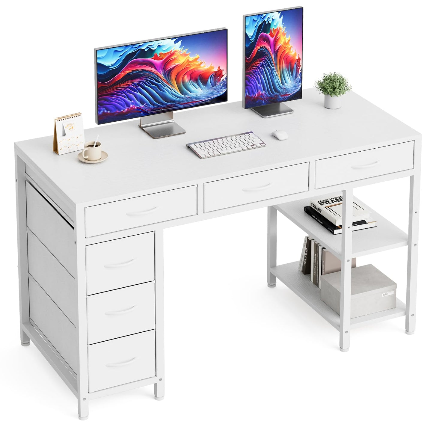 ApexSpace Computer Desk with 6 Drawers Reversible Storage 2-Tier Shelves Home Office Table Study Gaming Work 120CM White