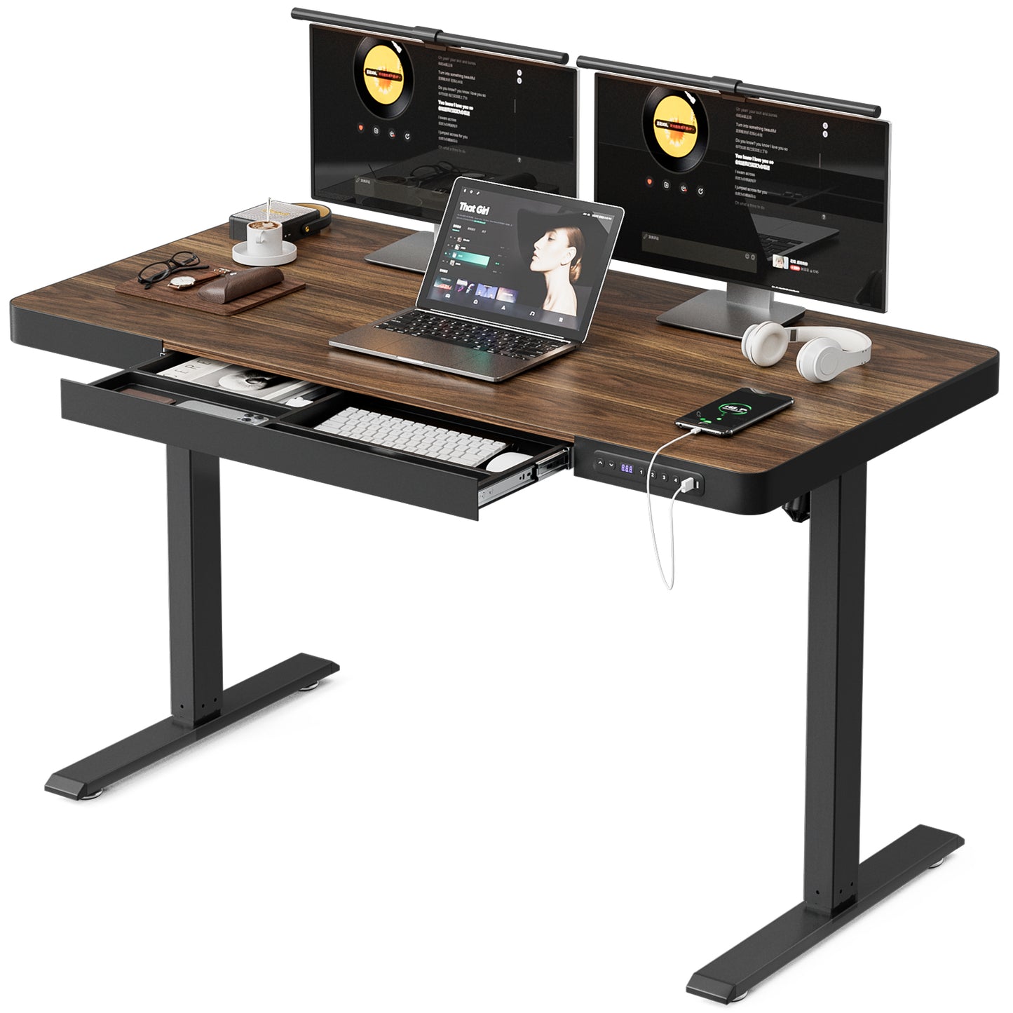 ApexSpace Electric Standing Desk with Drawer, USB Ports & Power Outlets – Height Adjustable, 120×60CM Walnut Finish Table for Home Office