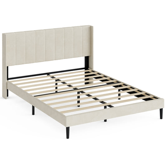 ApexSpace Double Bed Frame – Velvet Upholstered with Soft Padded Headboard, Quiet Sturdy Metal Platform, No Box Spring Required, Beige (200 × 140 cm)