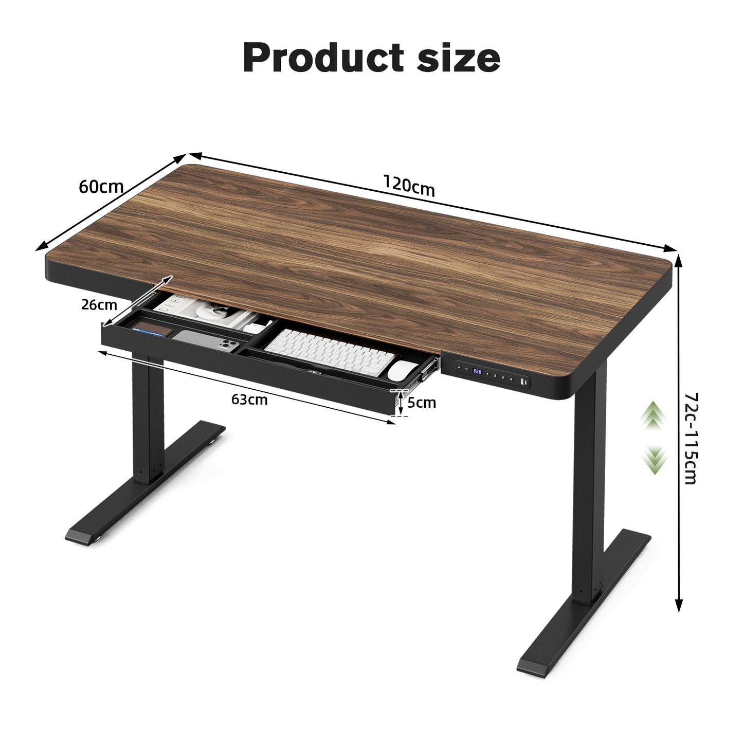 ApexSpace Electric Standing Desk with Drawer, USB Ports & Power Outlets – Height Adjustable, 120×60CM Walnut Finish Table for Home Office
