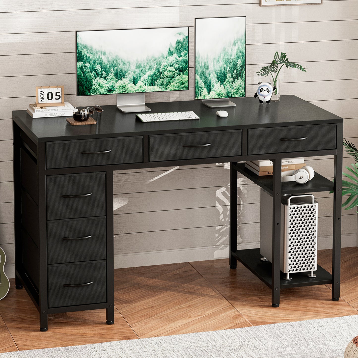 ApexSpace Computer Desk with 6 Drawers Reversible Storage 2-Tier Shelves Home Office Table Study Gaming Work 120CM Black