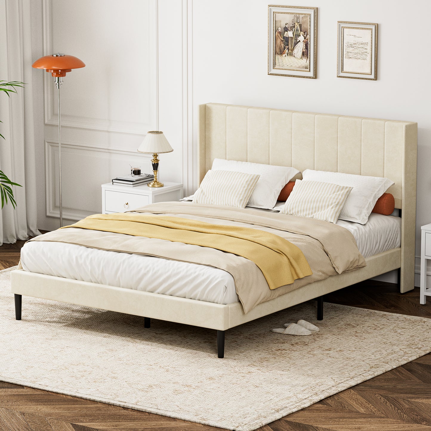 ApexSpace Queen Bed Frame – Velvet Upholstered with Soft Padded Headboard, Quiet Sturdy Metal & Wood Platform, No Box Spring Required, Beige (210×160 cm)