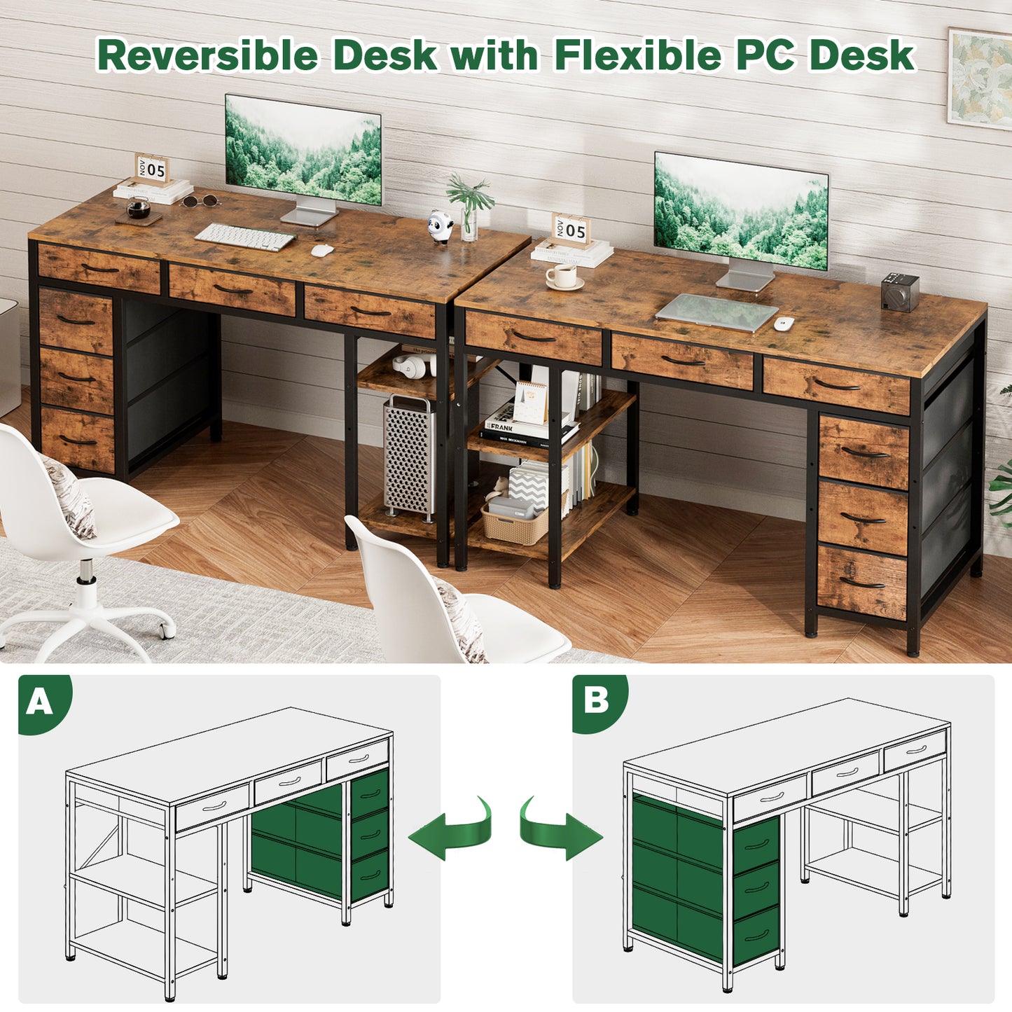ApexSpace Computer Desk with Drawers and Shelves – Reversible Storage Table for Home Office, Study or Gaming, Rustic Brown