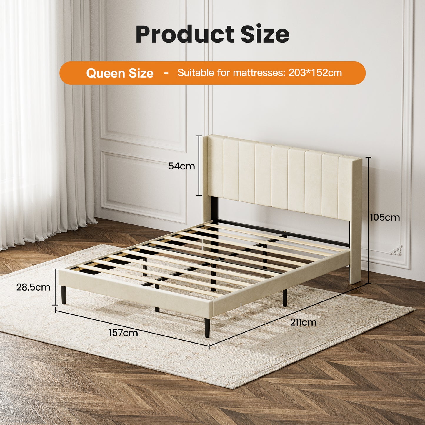 ApexSpace Queen Bed Frame – Velvet Upholstered with Soft Padded Headboard, Quiet Sturdy Metal & Wood Platform, No Box Spring Required, Beige (210×160 cm)