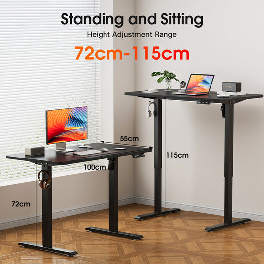ApexSpace 100x55CM Electric Standing Desk, Height Adjustable Sit Stand Computer Desk with Hooks for Home Office or Study, Black