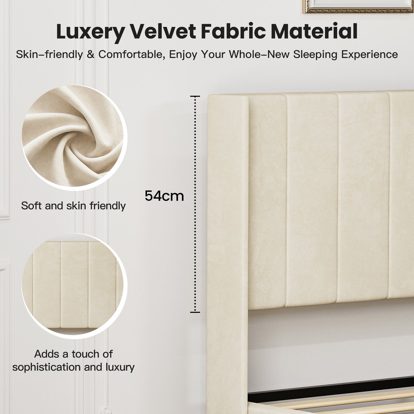 ApexSpace Double Bed Frame – Velvet Upholstered with Soft Padded Headboard, Quiet Sturdy Metal Platform, No Box Spring Required, Beige (200 × 140 cm)
