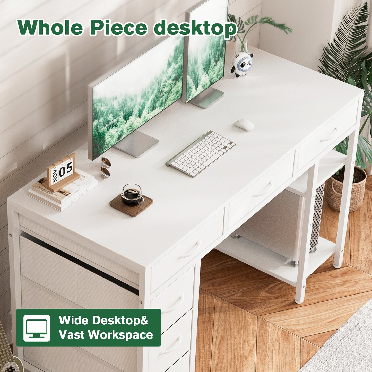 ApexSpace Computer Desk with 6 Drawers Reversible Storage 2-Tier Shelves Home Office Table Study Gaming Work 120CM White
