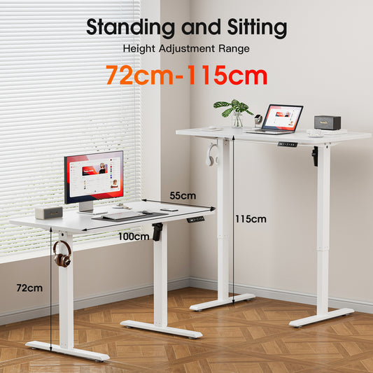 ApexSpace 100x55cm White Electric Height Adjustable Standing Desk Lifting Table with Hooks for Home Office Study and Work