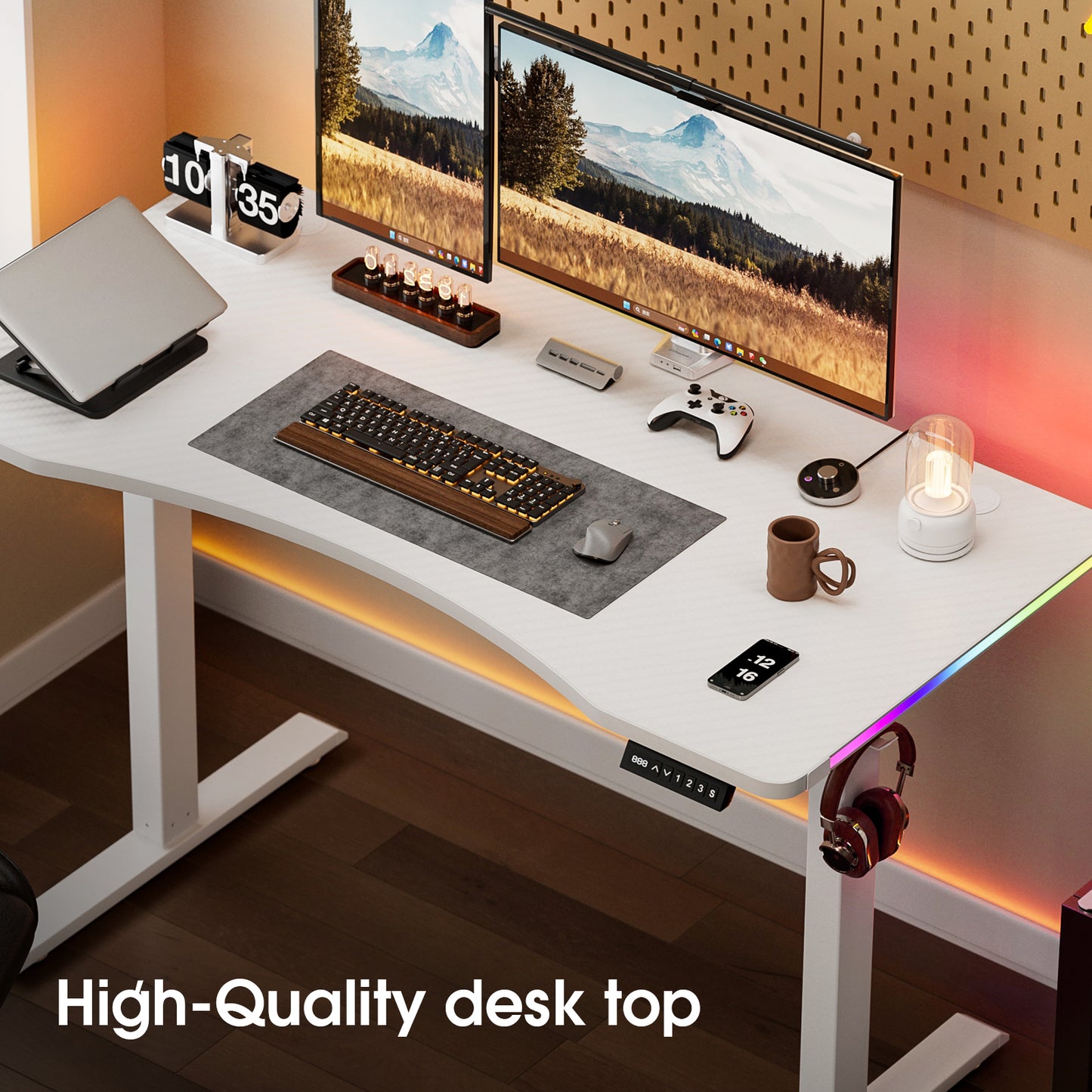 ApexSpace 120CM Electric Standing Desk – Height Adjustable Sit Stand Desk with RGB Lights, Ergonomic Gaming Computer Table for Home Office or Study, White