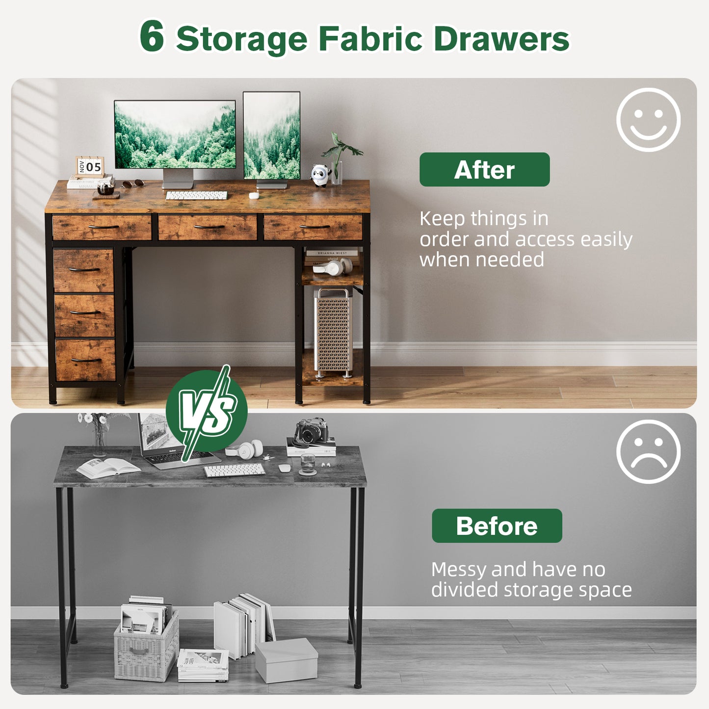ApexSpace Computer Desk with Drawers and Shelves – Reversible Storage Table for Home Office, Study or Gaming, Rustic Brown