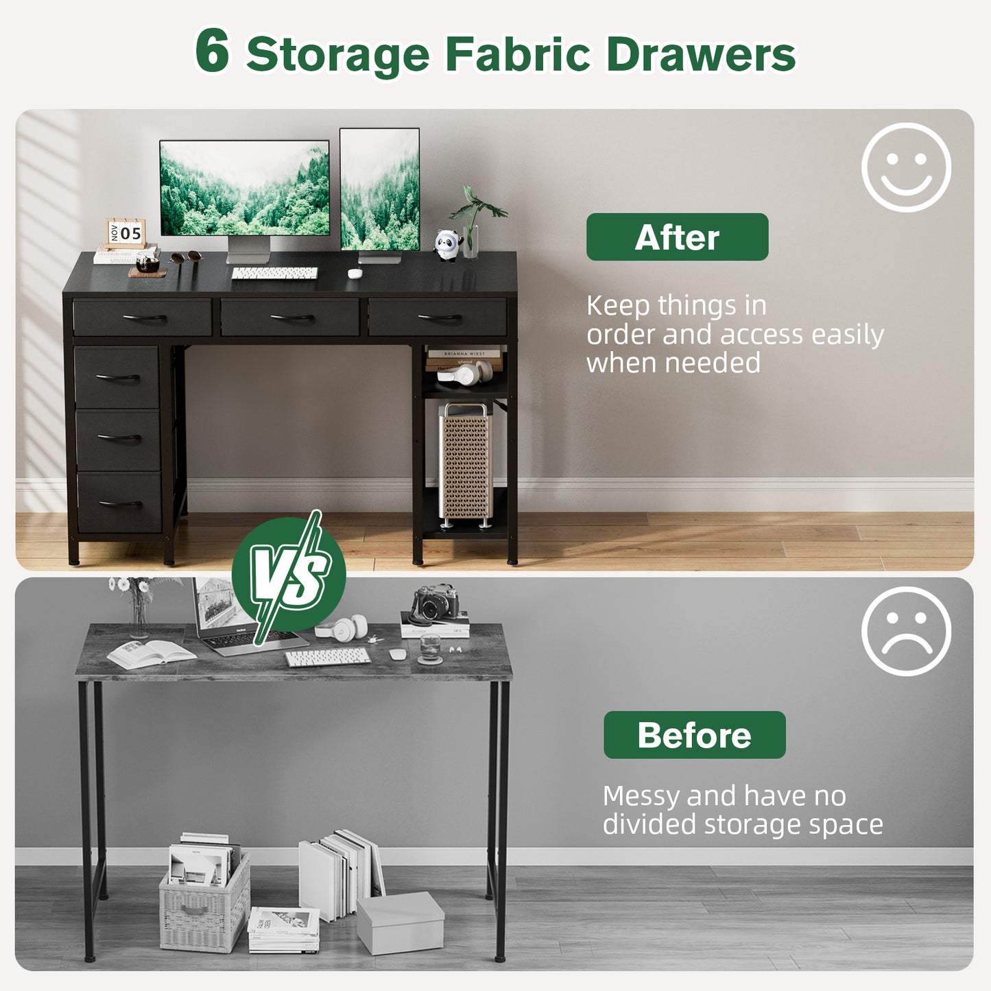 ApexSpace Computer Desk with 6 Drawers Reversible Storage 2-Tier Shelves Home Office Table Study Gaming Work 120CM Black