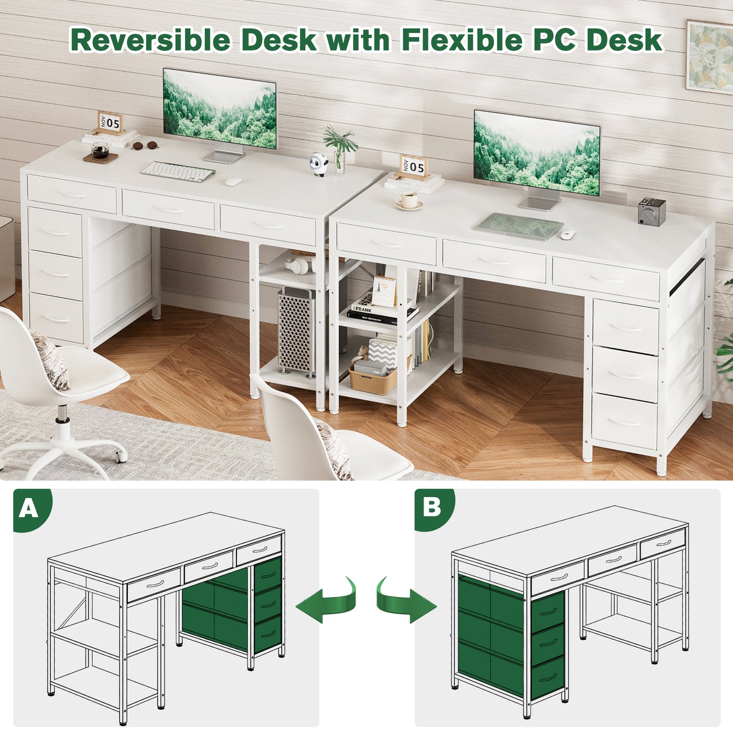 ApexSpace Computer Desk with 6 Drawers Reversible Storage 2-Tier Shelves Home Office Table Study Gaming Work 120CM White