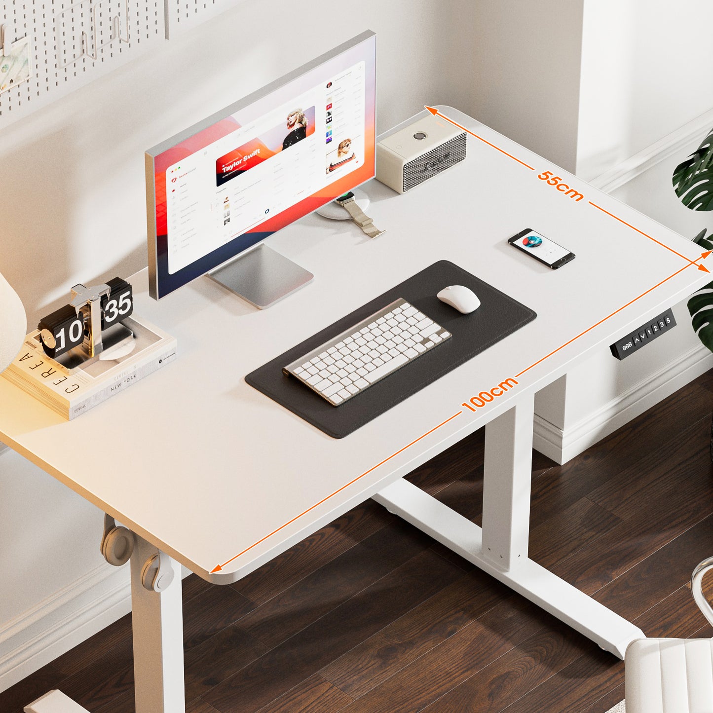 ApexSpace 100x55cm White Electric Height Adjustable Standing Desk Lifting Table with Hooks for Home Office Study and Work