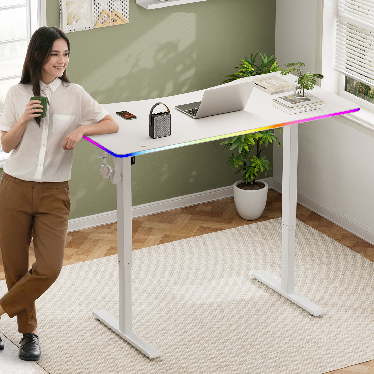 ApexSpace 120CM Electric Standing Desk – Height Adjustable Sit Stand Desk with RGB Lights, Ergonomic Gaming Computer Table for Home Office or Study, White