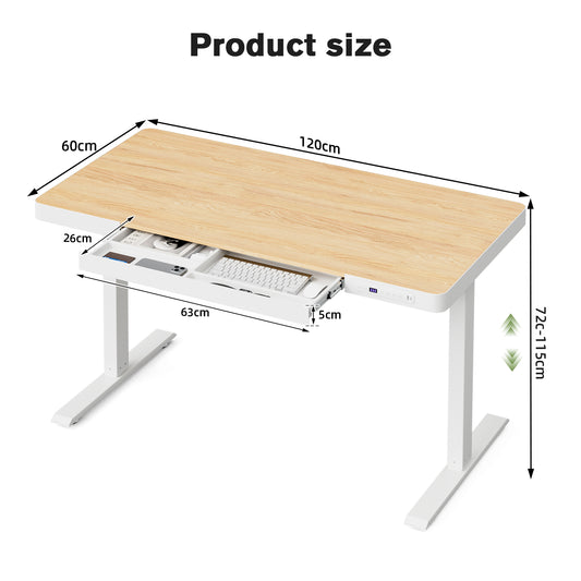 ApexSpace Electric Standing Desk with Drawer, USB Ports & Power Outlets – Height Adjustable, 120×60CM Maple Finish Table for Home Office