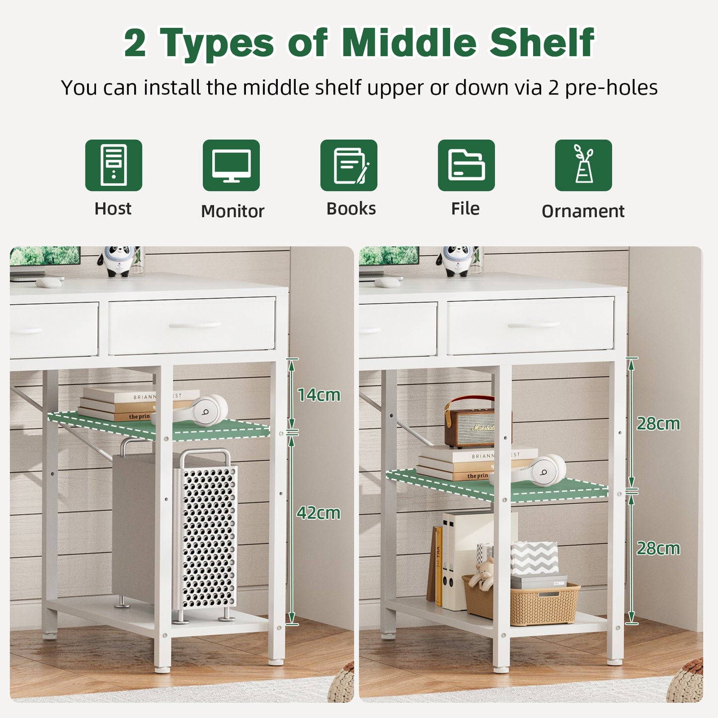 ApexSpace Computer Desk with 6 Drawers Reversible Storage 2-Tier Shelves Home Office Table Study Gaming Work 120CM White