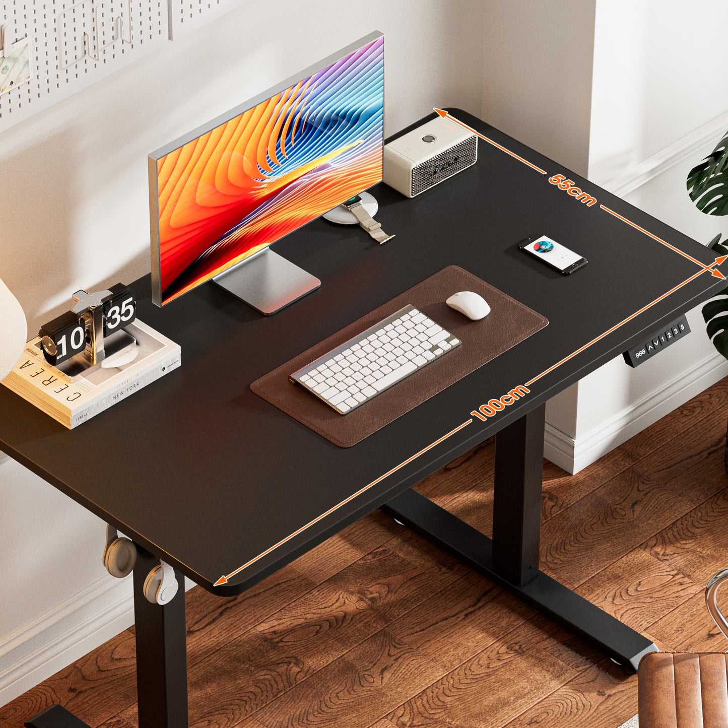 ApexSpace 100x55CM Electric Standing Desk, Height Adjustable Sit Stand Computer Desk with Hooks for Home Office or Study, Black