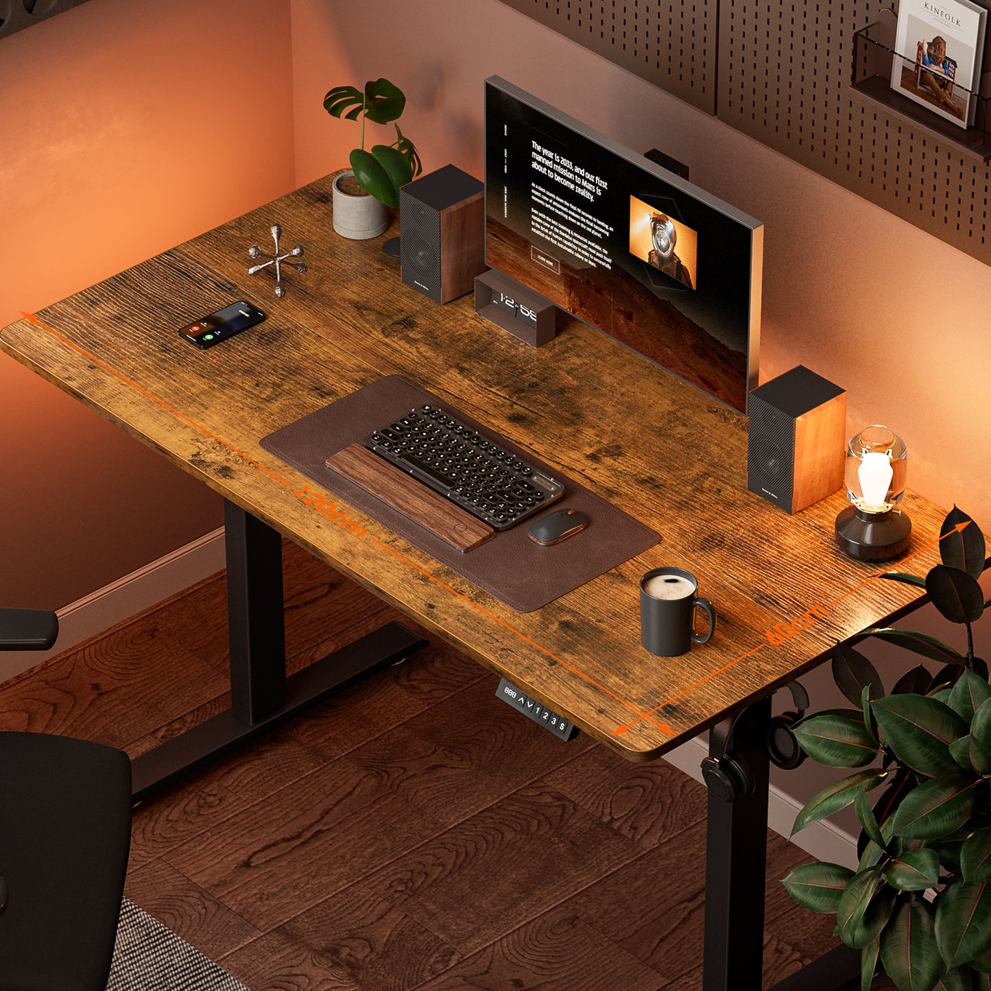 ApexSpace 120x60CM Electric Standing Desk, Sit Stand Ergonomic Desk with Hooks for Home Office, Rustic Brown with Black Frame
