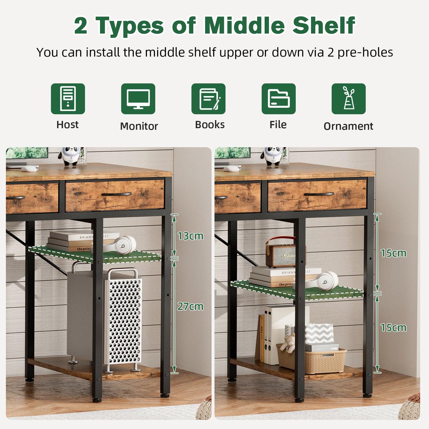 ApexSpace Computer Desk with Drawers and Shelves – Reversible Storage Table for Home Office, Study or Gaming, Rustic Brown