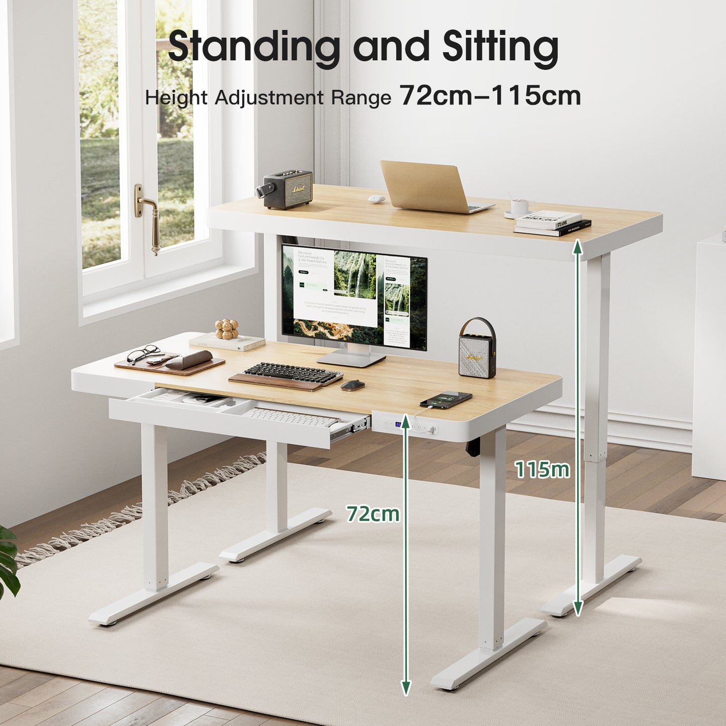 ApexSpace Electric Standing Desk with Drawer, USB Ports & Power Outlets – Height Adjustable, 120×60CM Maple Finish Table for Home Office