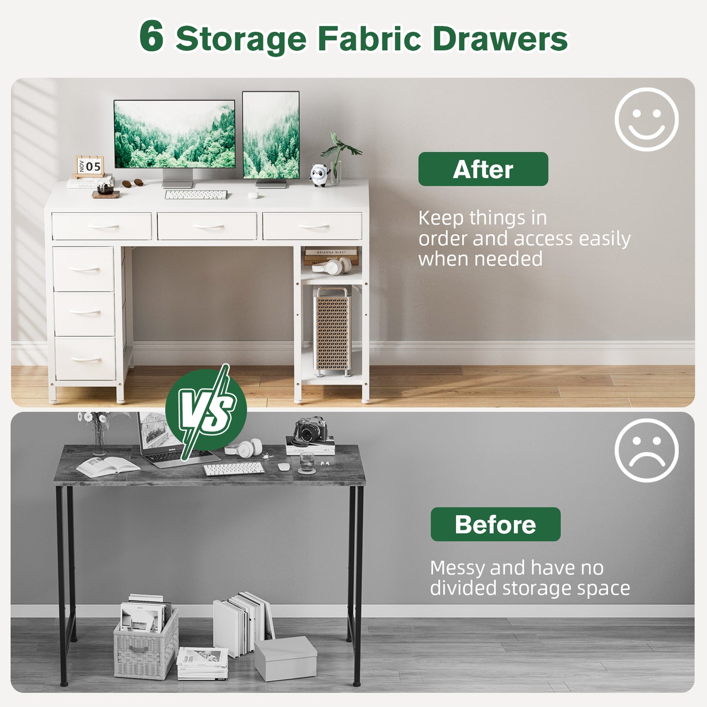 ApexSpace Computer Desk with 6 Drawers Reversible Storage 2-Tier Shelves Home Office Table Study Gaming Work 120CM White
