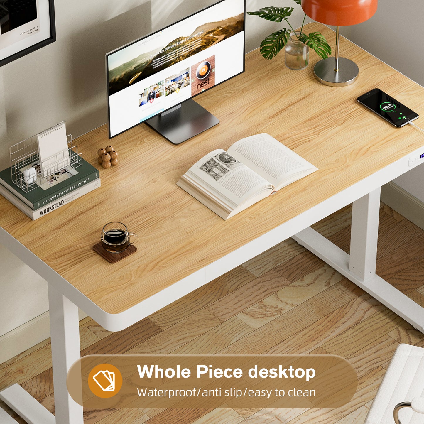 ApexSpace Electric Standing Desk with Drawer, USB Ports & Power Outlets – Height Adjustable, 120×60CM Maple Finish Table for Home Office