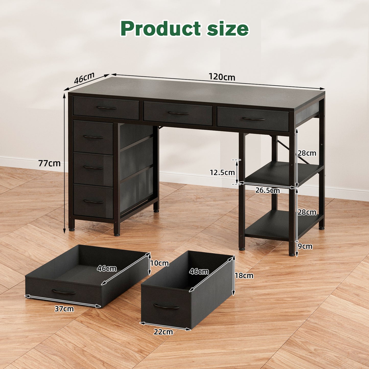 ApexSpace Computer Desk with 6 Drawers Reversible Storage 2-Tier Shelves Home Office Table Study Gaming Work 120CM Black