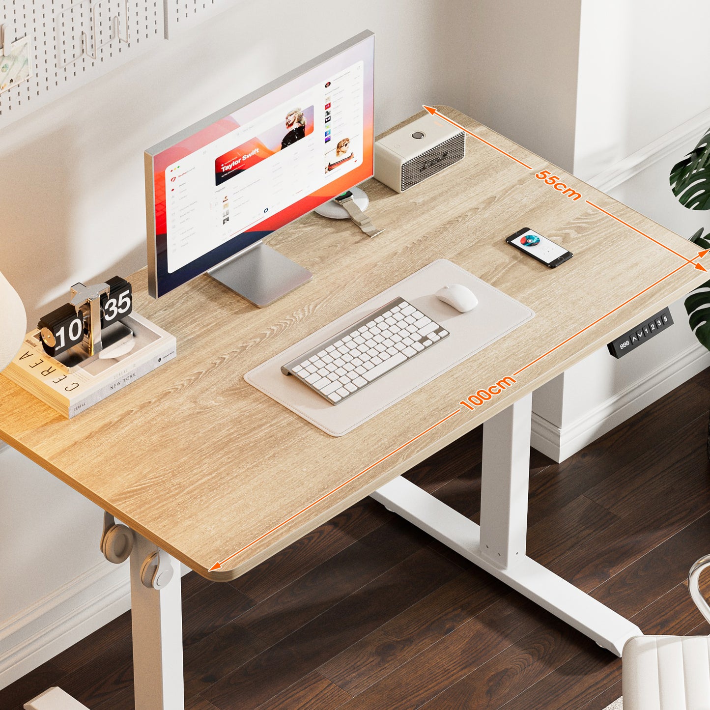 ApexSpace 100x55CM Electric Standing Desk, Height Adjustable Ergonomic Computer Desk with Hooks for Home Office or Study, Oak Colour