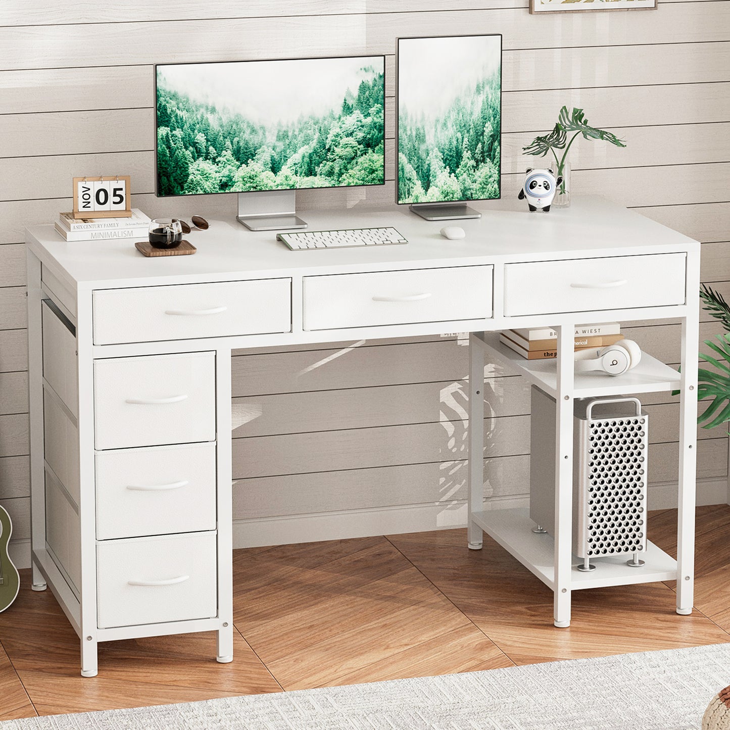 ApexSpace Computer Desk with 6 Drawers Reversible Storage 2-Tier Shelves Home Office Table Study Gaming Work 120CM White