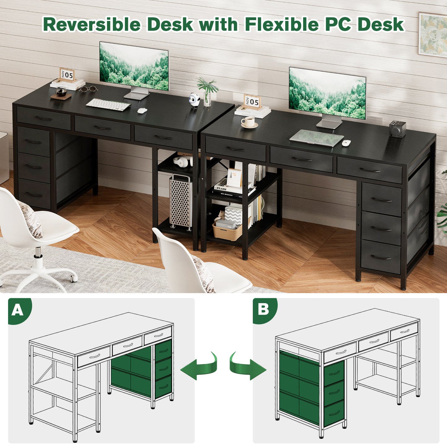 ApexSpace Computer Desk with 6 Drawers Reversible Storage 2-Tier Shelves Home Office Table Study Gaming Work 120CM Black