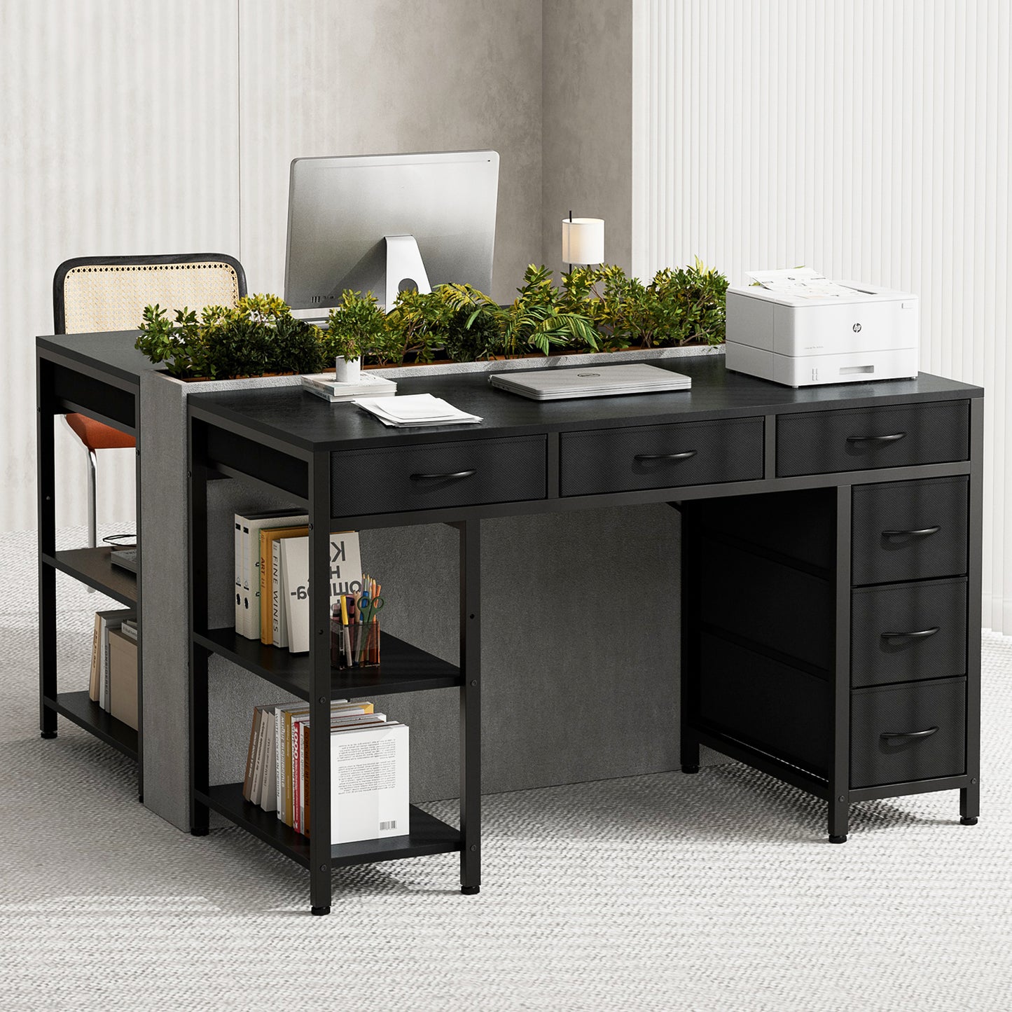 ApexSpace Computer Desk with 6 Drawers Reversible Storage 2-Tier Shelves Home Office Table Study Gaming Work 120CM Black