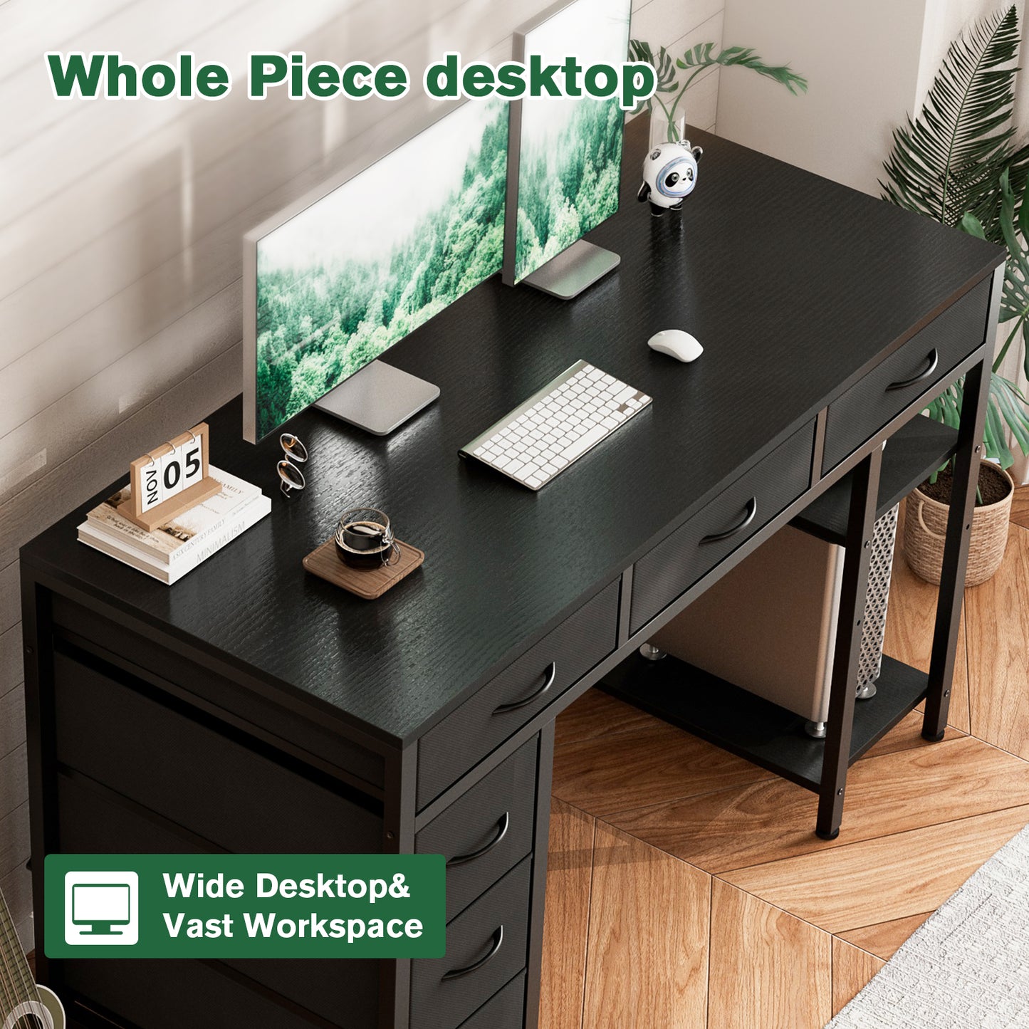 ApexSpace Computer Desk with 6 Drawers Reversible Storage 2-Tier Shelves Home Office Table Study Gaming Work 120CM Black