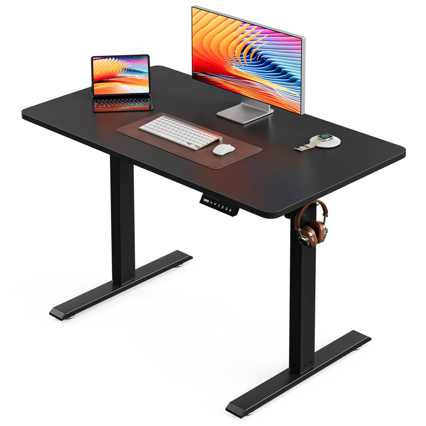 ApexSpace 100x55CM Electric Standing Desk, Height Adjustable Sit Stand Computer Desk with Hooks for Home Office or Study, Black