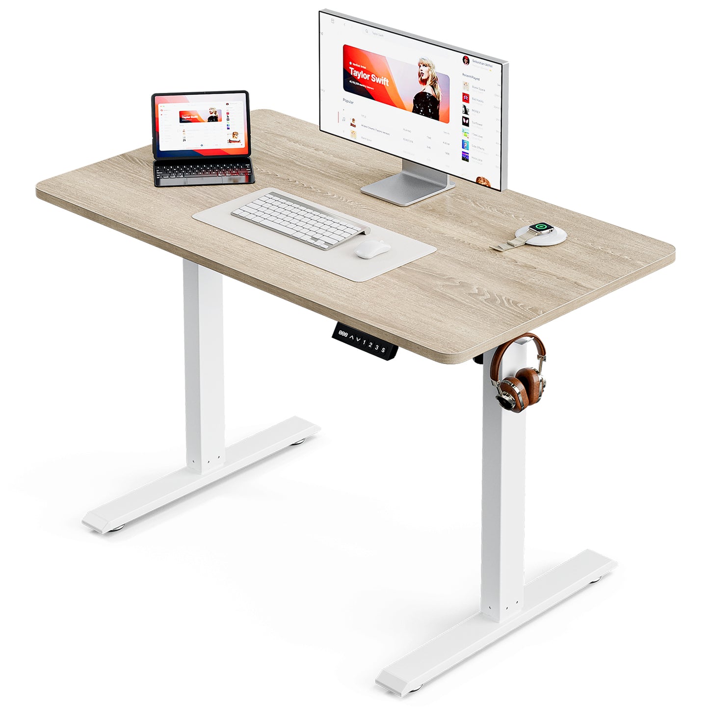 ApexSpace 100x55CM Electric Standing Desk, Height Adjustable Ergonomic Computer Desk with Hooks for Home Office or Study, Oak Colour