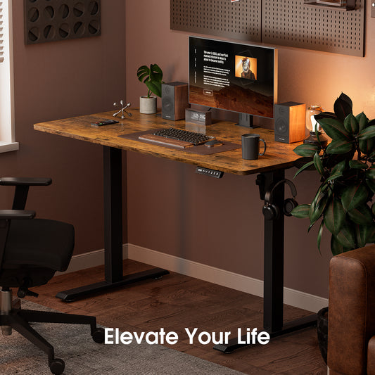 ApexSpace 120x60CM Electric Standing Desk, Sit Stand Ergonomic Desk with Hooks for Home Office, Rustic Brown with Black Frame