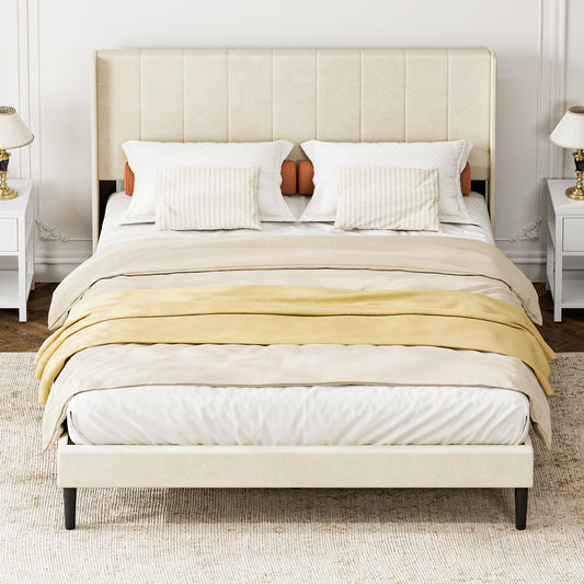 ApexSpace Double Bed Frame – Velvet Upholstered with Soft Padded Headboard, Quiet Sturdy Metal Platform, No Box Spring Required, Beige (200 × 140 cm)