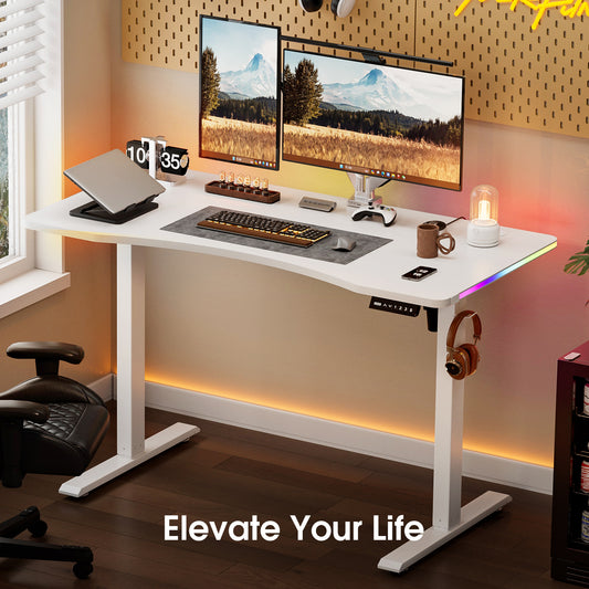 ApexSpace 120CM Electric Standing Desk – Height Adjustable Sit Stand Desk with RGB Lights, Ergonomic Gaming Computer Table for Home Office or Study, White