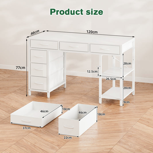 ApexSpace Computer Desk with 6 Drawers Reversible Storage 2-Tier Shelves Home Office Table Study Gaming Work 120CM White